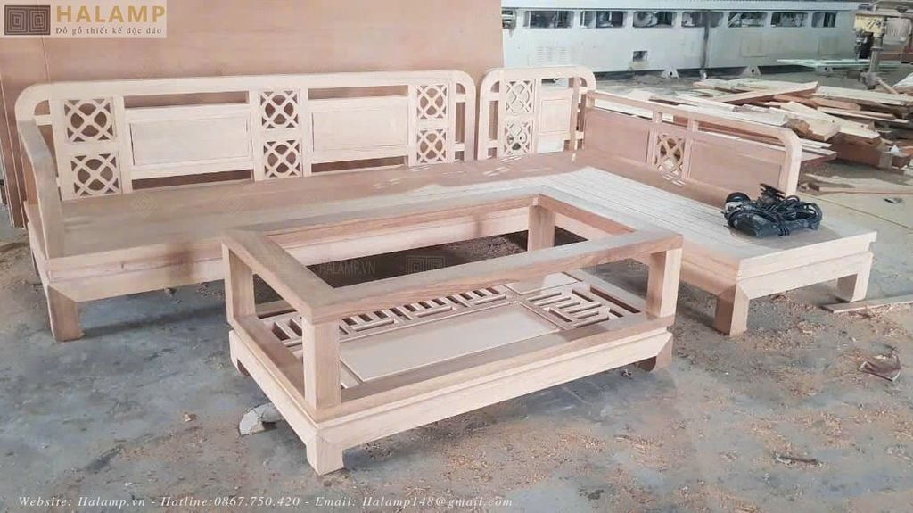 Bộ sofa góc gỗ Sồi hoàn thiện mộc