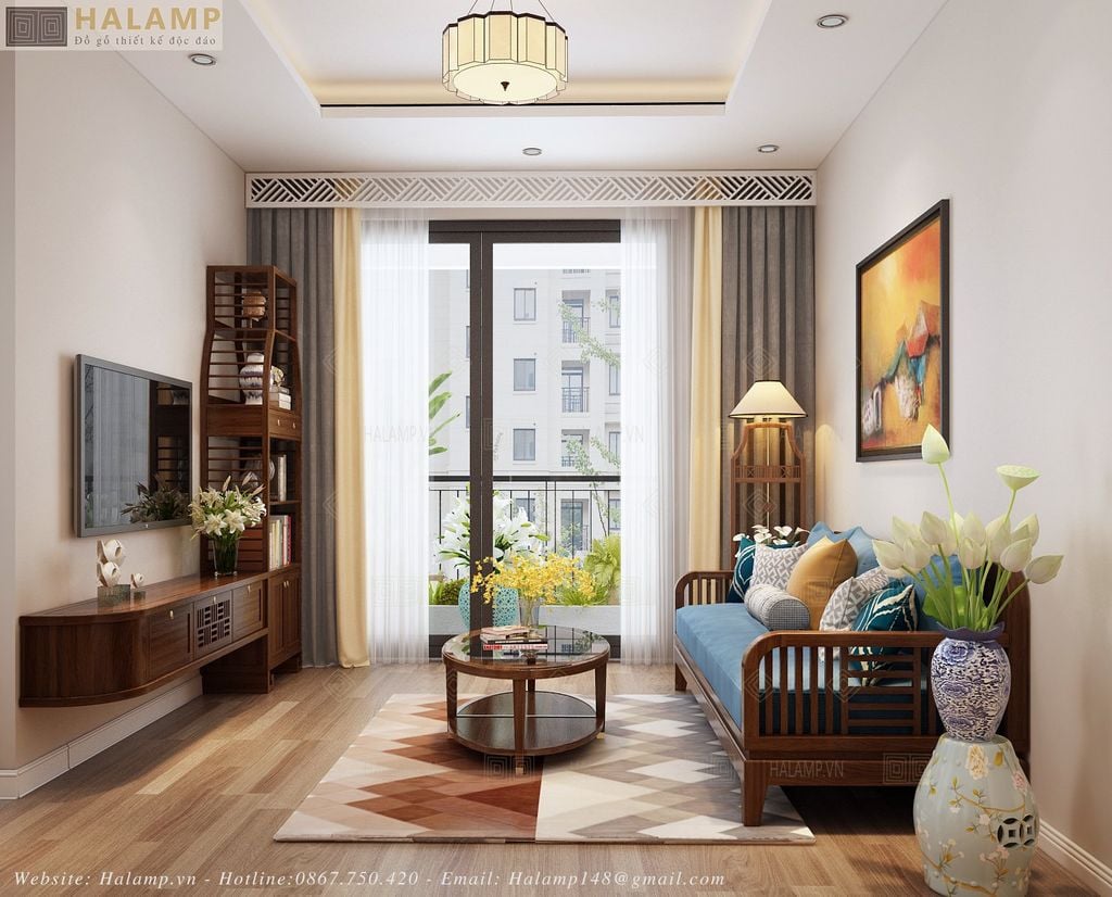 sofa văng ghế dài gỗ tự nhiên trong phòng khách chung cư
