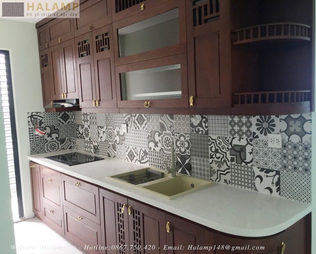 mẫu thiết kế tủ bếp chữ I toàn bộ Gõ tự nhiên
