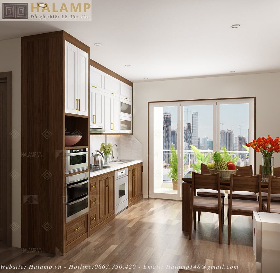 mẫu tủ bếp gỗ sồi kết hợp sơn cánh trắng