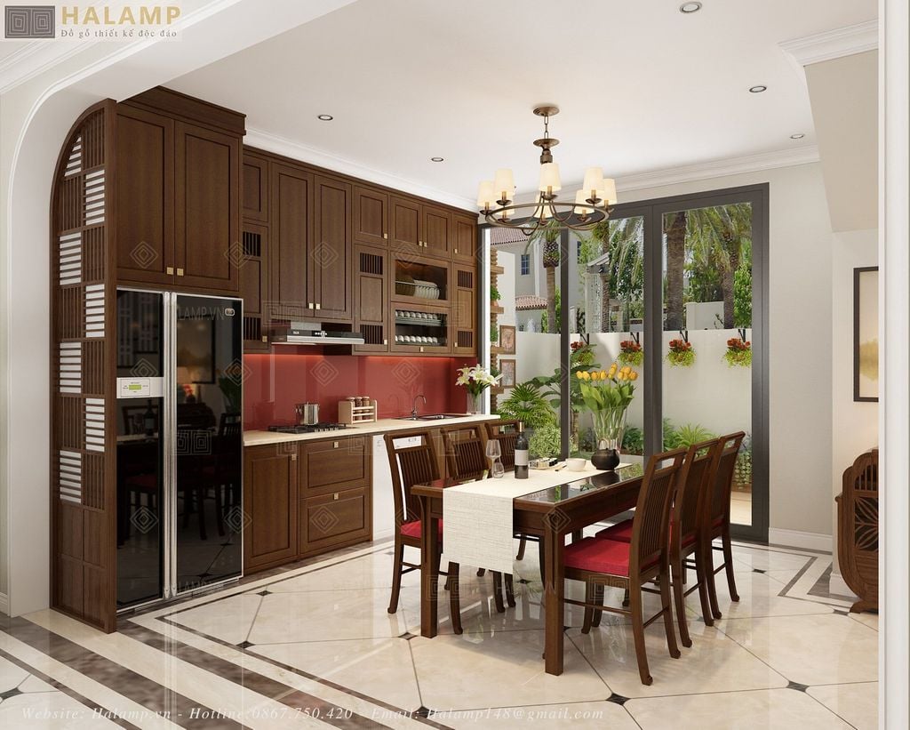 mẫu tủ bếp gỗ gụ tự nhiên mang phong cách gỗ việt