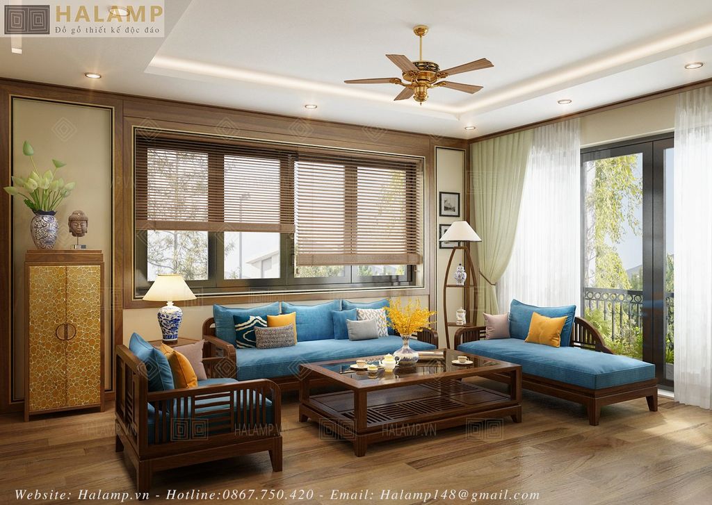 Mẫu sofa gỗ tự nhiên đẹp cho phòng khách nhà liền kề
