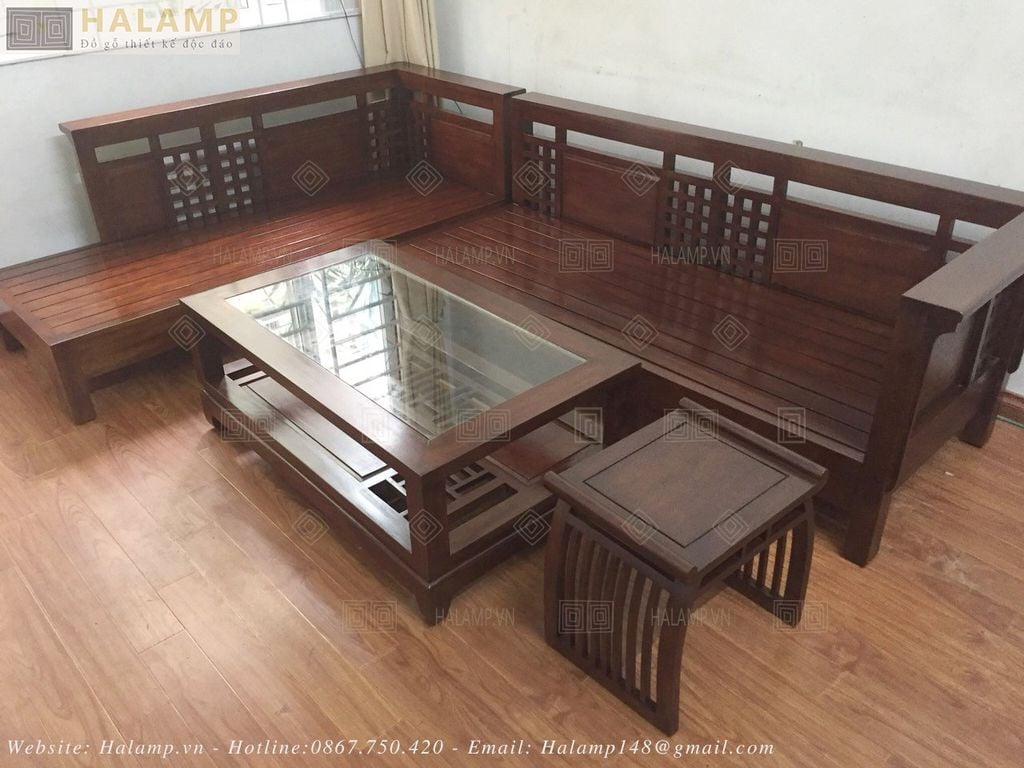 Bộ sofa chữ L phòng khách gỗ Gụ