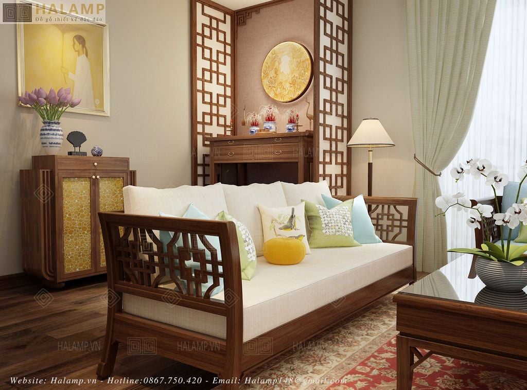 Mẫu sofa văng ghế dài gỗ tự nhiên phong cách Việt