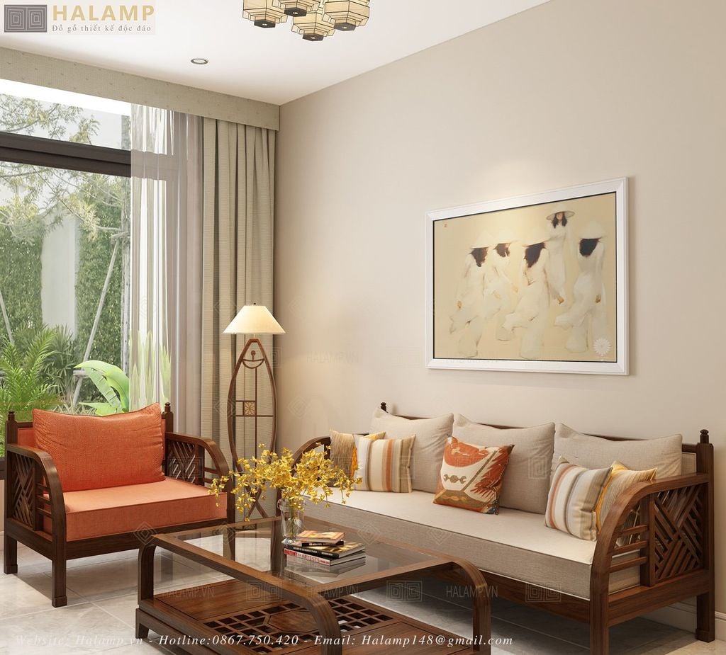 Bộ sofa gỗ tự nhiên cho phòng khách nhà ống