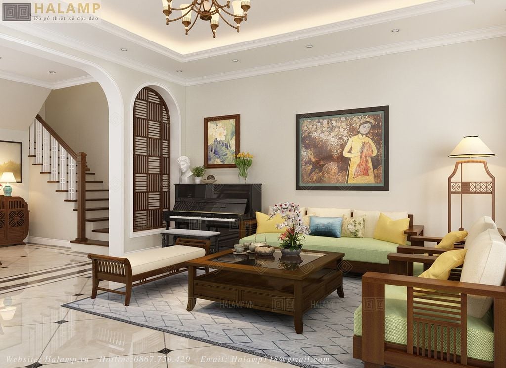 Bộ sofa gỗ tự nhiên phòng khách nhà liền kề khu Nguyệt Quế Vinhomes