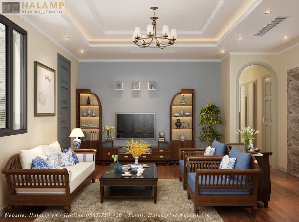 Sofa gỗ Óc Chó dành cho biệt thự cao cấp Halamp SF006