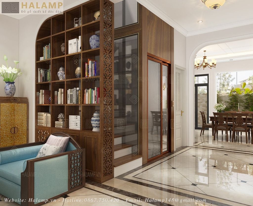 Thiết kế vách ngăn cầu thang và phòng khách dạng tủ kệ
