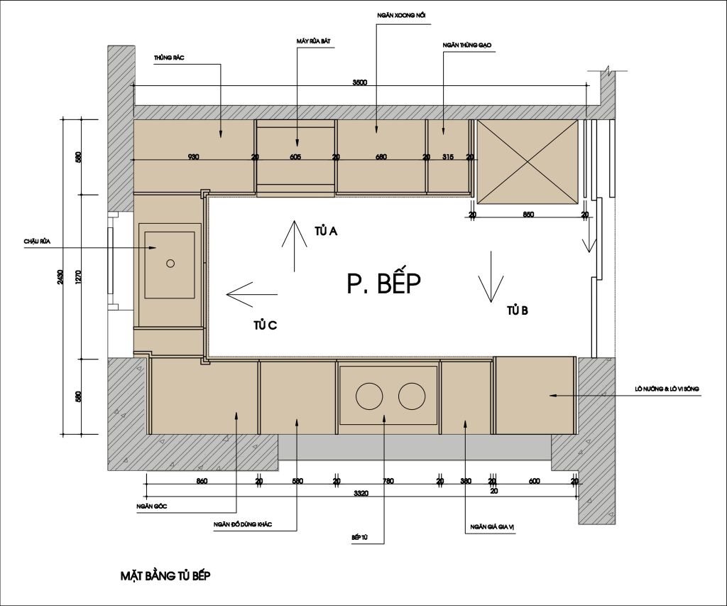 Mặt bằng tủ bếp chữ U điển hình