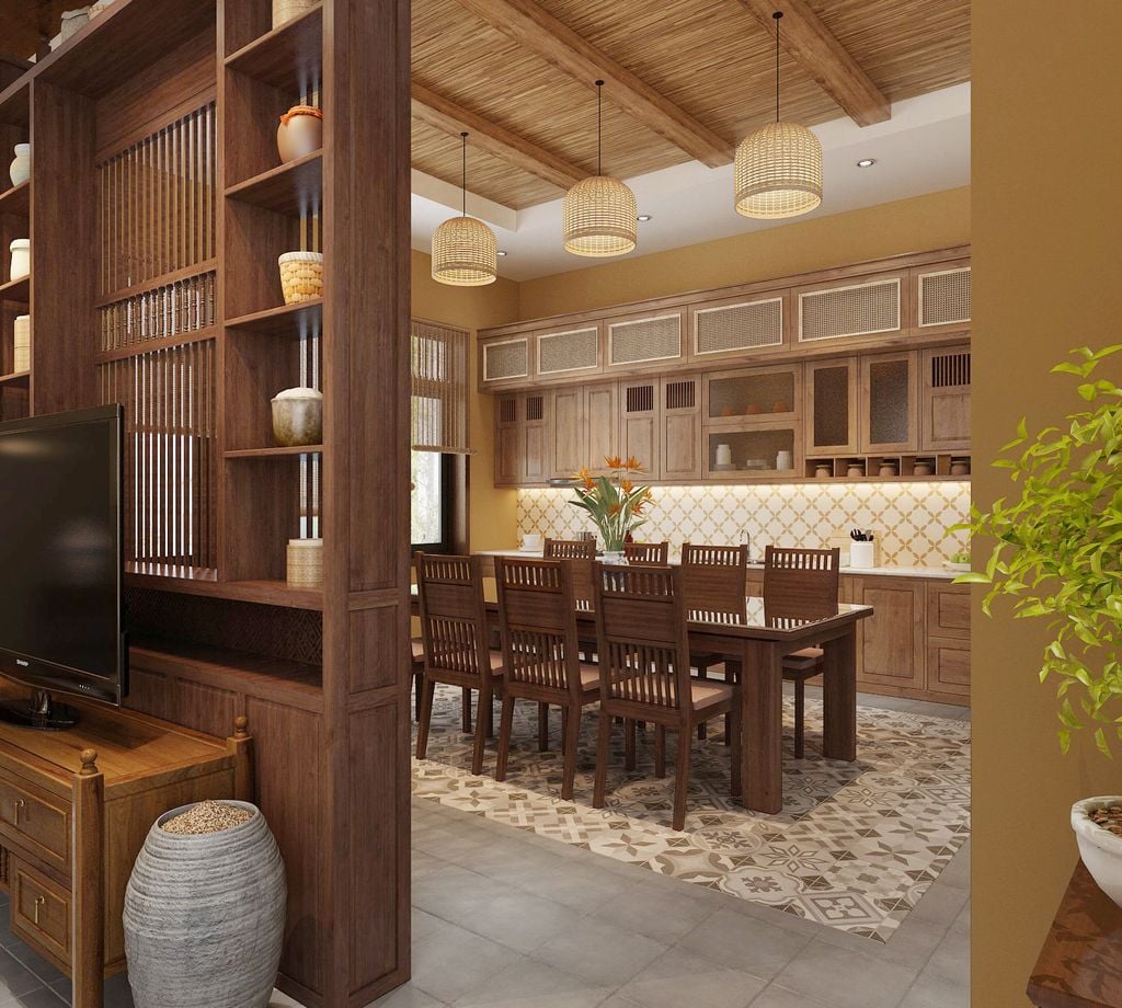 Tủ bếp gỗ tự nhiên nội thất phong cách Việt