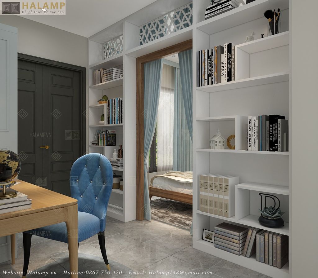 Thiết kế vách ngăn phòng ngủ dạng tủ sách