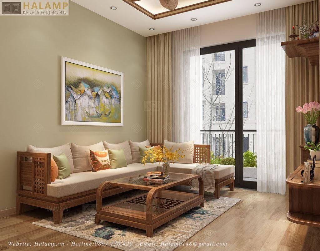 Bộ sofa gỗ tự nhiên điểm nhấn phòng khách