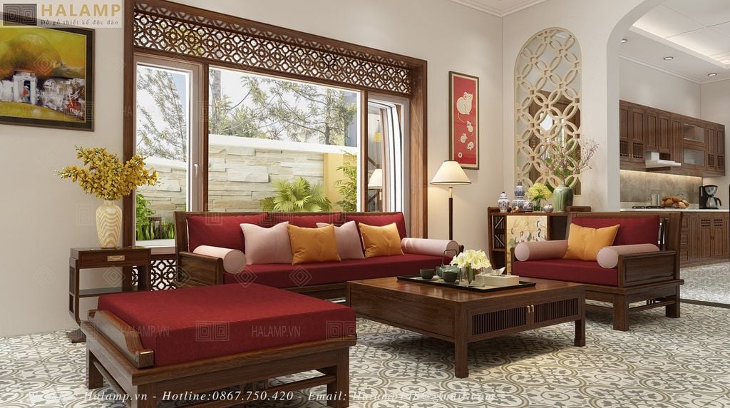 Sofa gỗ tự nhiên phong cách Việt Halamp