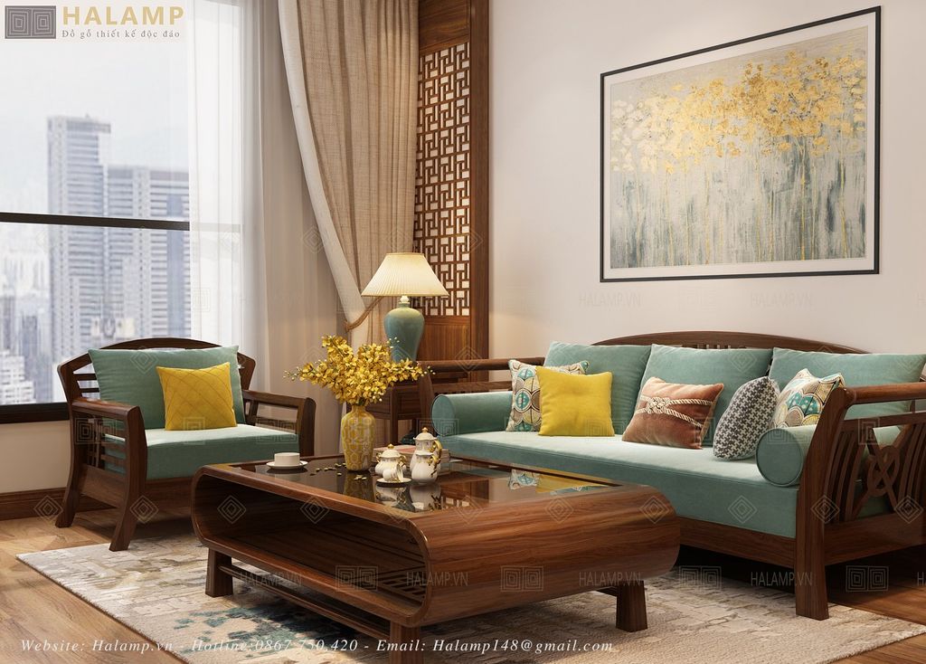 Bộ sofa gỗ tự nhiên điểm nhấn trong không gian phòng khách