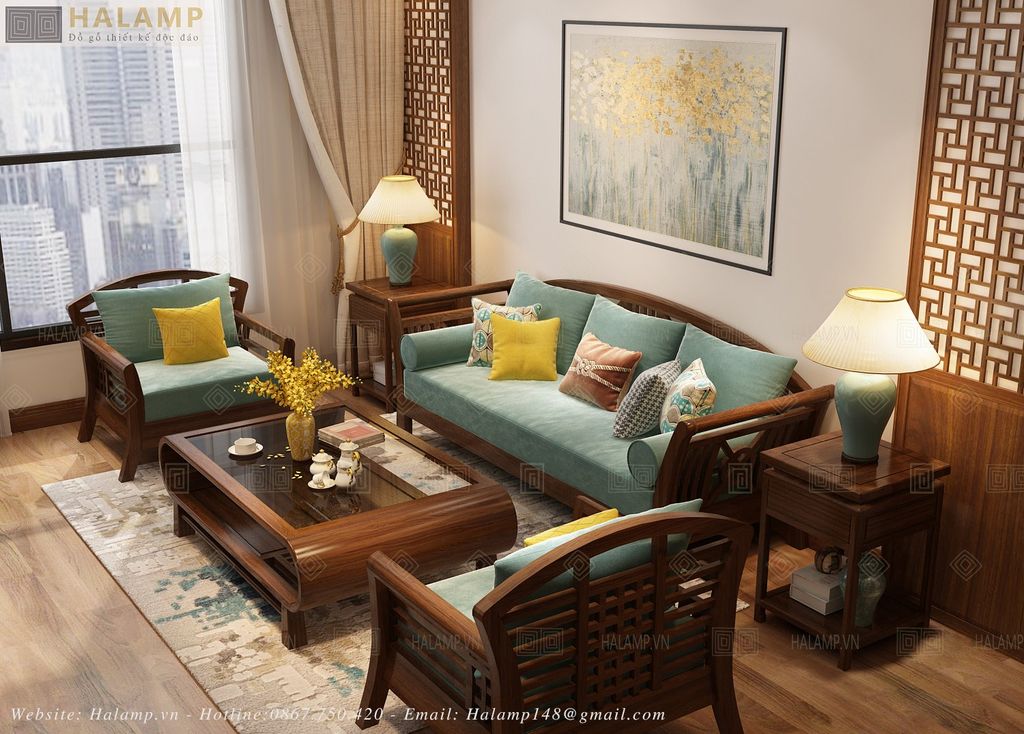 Bộ sofa gỗ tự nhiên điểm nhấn trong không gian phòng khách