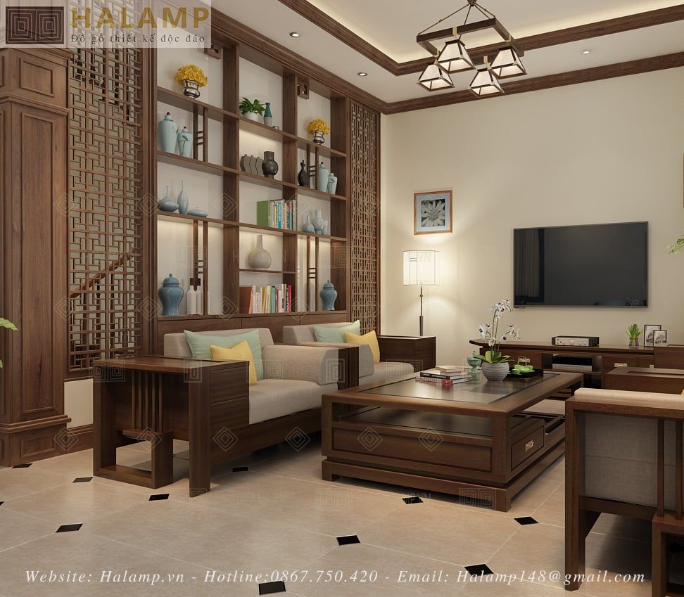 Thiết kế vách ngăn cầu thang và phòng khách dạng tủ kệ