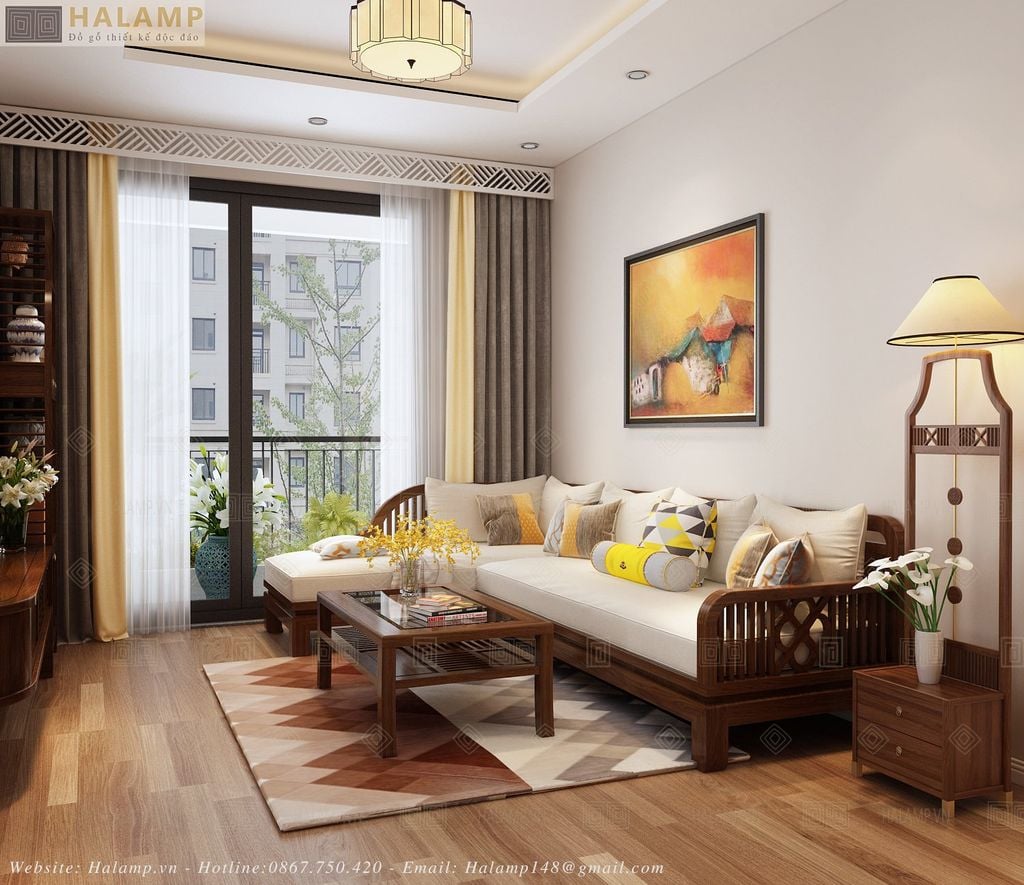 mẫu sofa góc gỗ tự nhiên đẹp phù hợp với chung cư