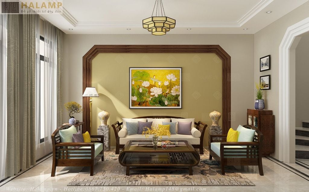 mẫu sofa gỗ tự nhiên cho phòng khách nhà liền kề