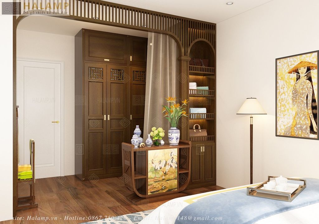 thiết kế phòng ngủ hòa trộn indochine và đồ gỗ grandbois