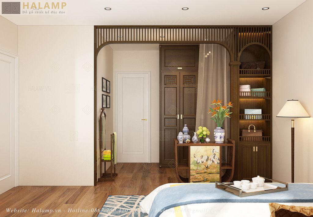 thiết kế phòng ngủ hòa trộn indochine và đồ gỗ grandbois