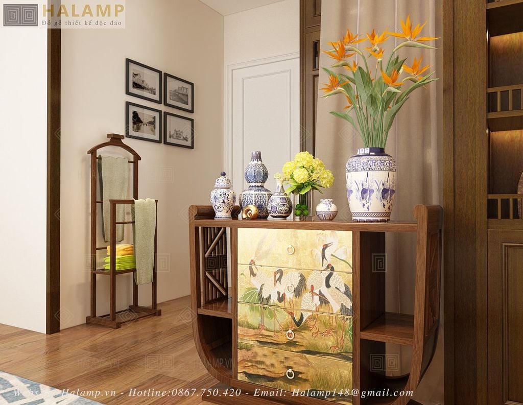 thiết kế phòng ngủ hòa trộn indochine và đồ gỗ grandbois
