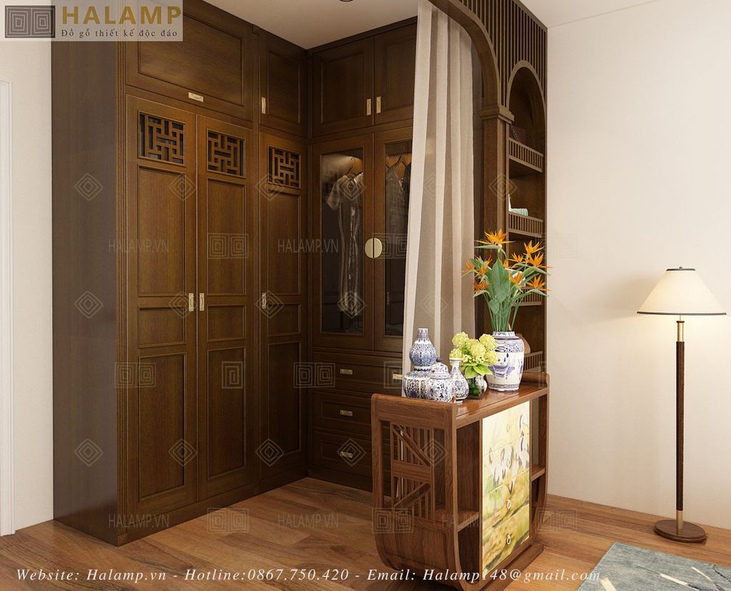 thiết kế phòng ngủ hòa trộn indochine và đồ gỗ grandbois
