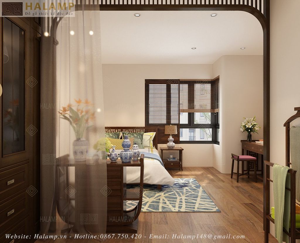 thiết kế phòng ngủ hòa trộn indochine và đồ gỗ grandbois