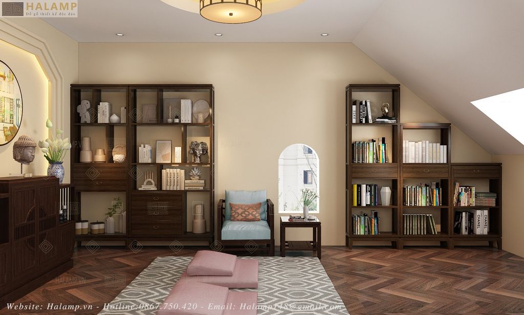 tủ lưu trữ và đọc sách cạnh phòng thiền