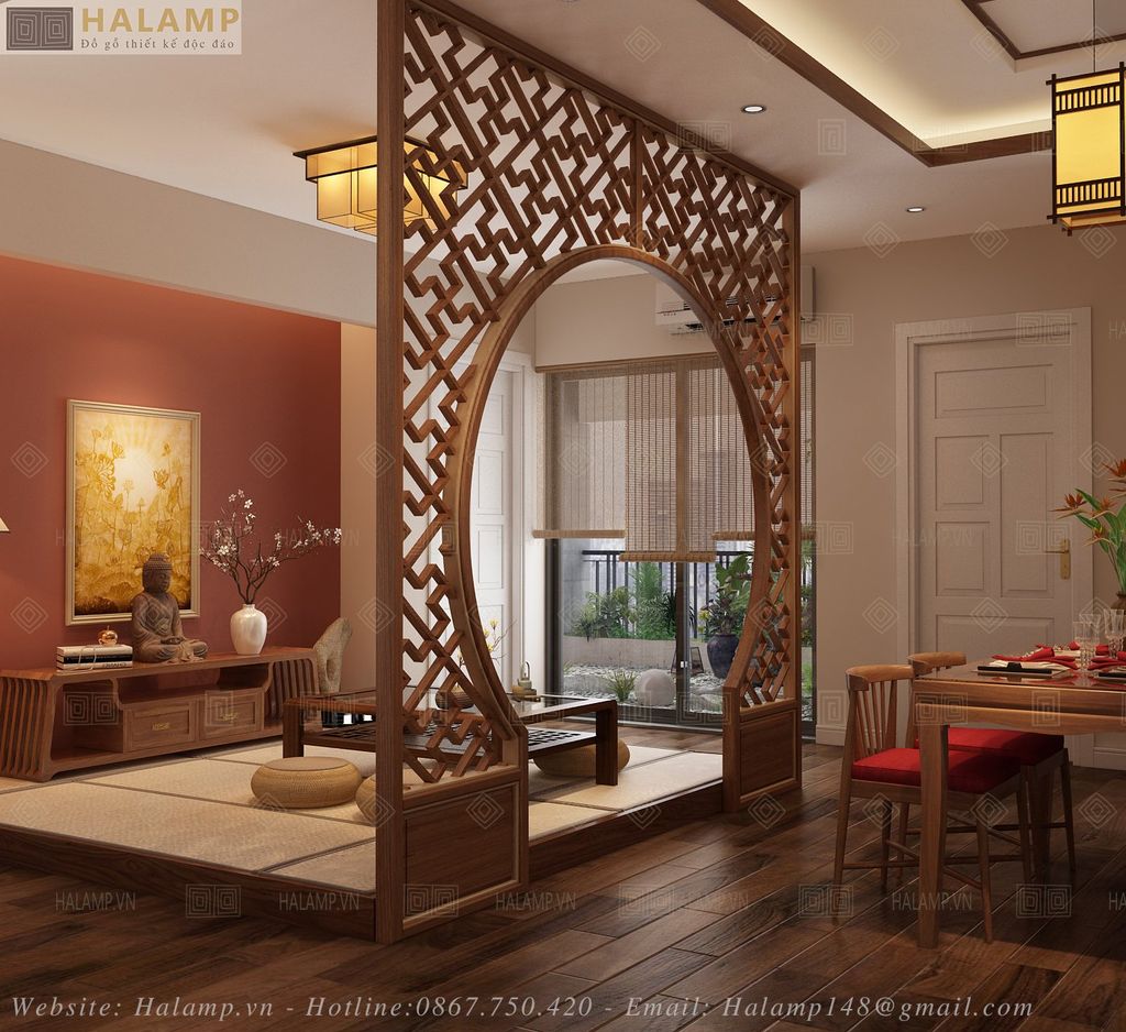 Thiết kế vách ngăn phòng tiếp khách trà thiền