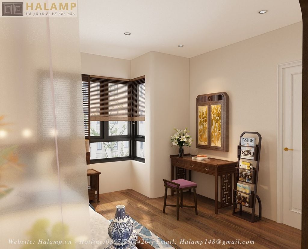 thiết kế phòng ngủ hòa trộn indochine và đồ gỗ grandbois