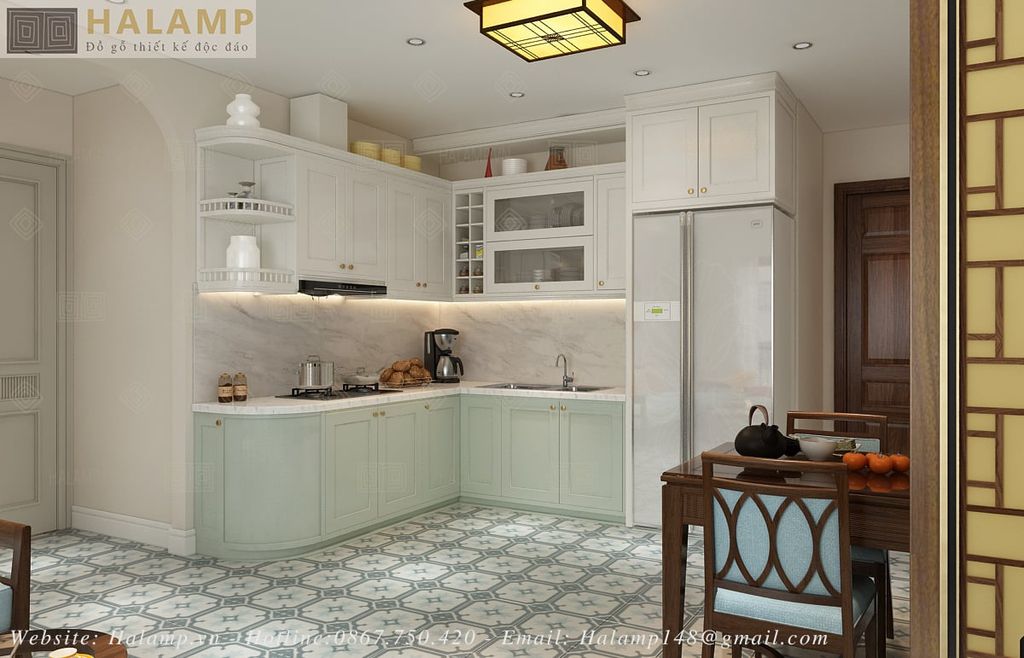 thiết kế tủ bếp với mầu sắc nhẹ nhàng