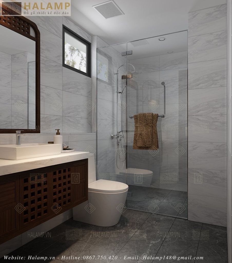 Thiết kế phòng WC với lavabo gỗ Việt