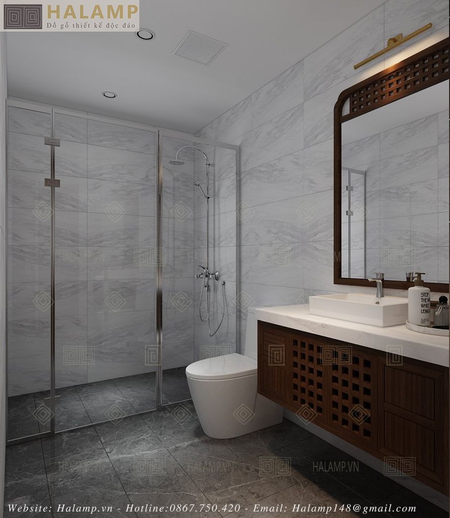 Thiết kế phòng WC với lavabo gỗ Việt