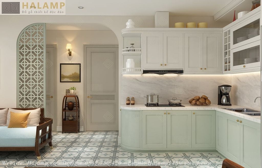 thiết kế tủ bếp với mầu sắc nhẹ nhàng