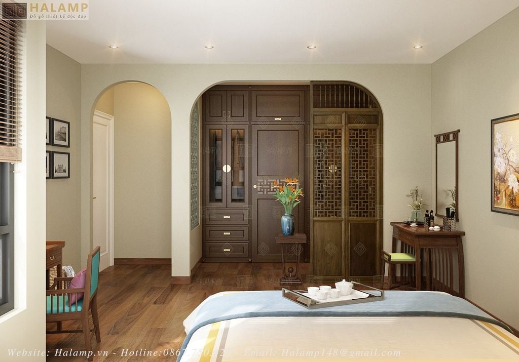 thiết kế phòng ngủ hòa trộn indochine và đồ gỗ grandbois