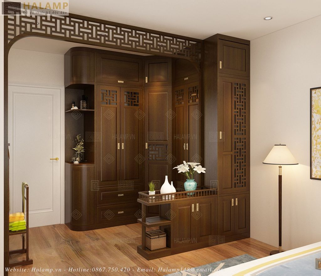 thiết kế phòng ngủ hòa trộn indochine và đồ gỗ grandbois