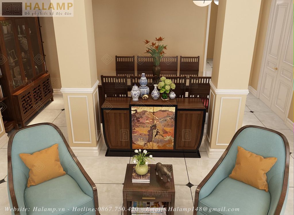 tủ thấp trang trí phong cách art deco kết hợp sơn mài Việt