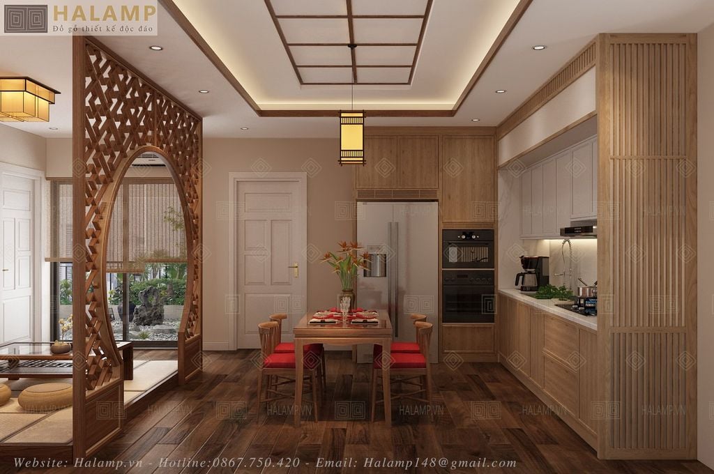 phân chia không gian phòng thiền trà với khu vực bếp và bàn ăn