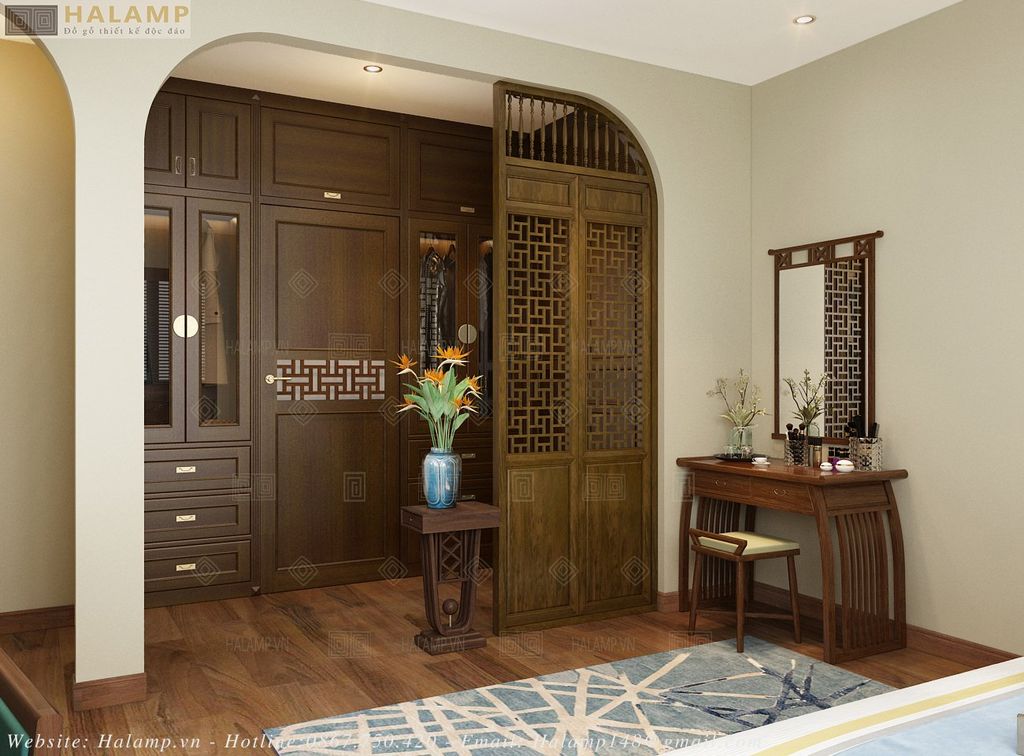 thiết kế phòng ngủ hòa trộn indochine và đồ gỗ grandbois