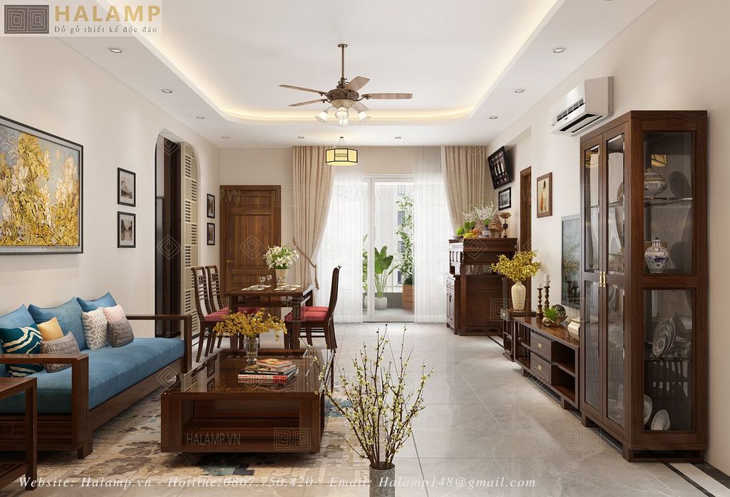 thiết kế phòng khách với đồ gỗ Việt