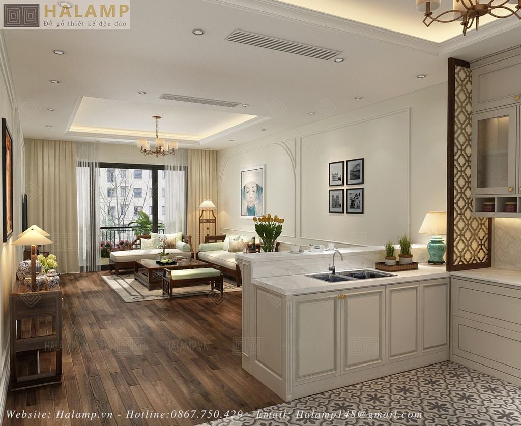 không gian phòng khách hướng nhìn từ bếp