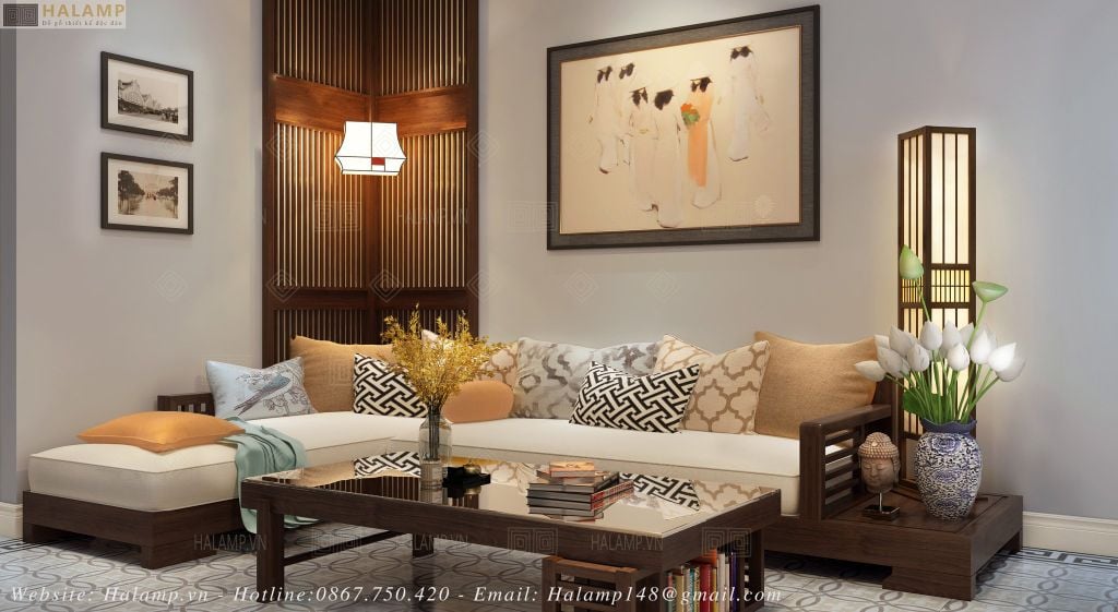 Mẫu sofa chữ L sofa góc gỗ tự nhiên phong cách Nhật