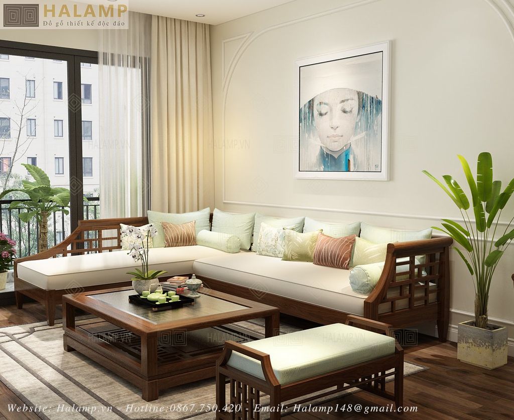 Mẫu sofa chữ L sofa góc gỗ tự nhiên gỗ Việt