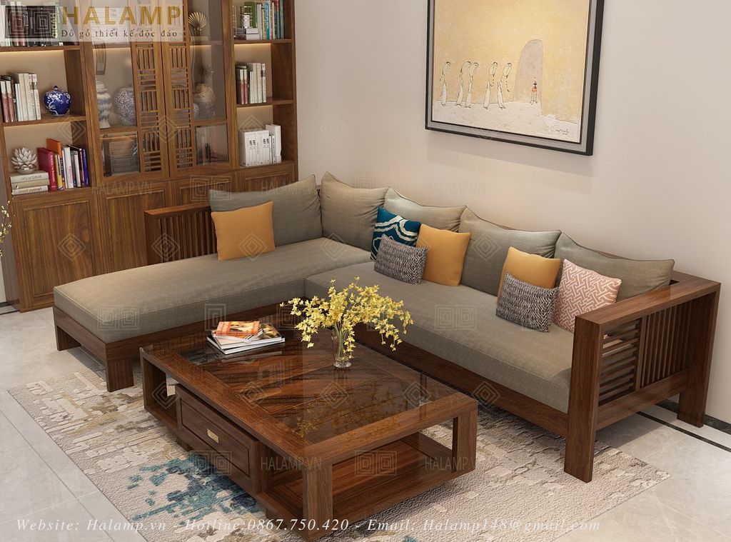 Mẫu sofa chữ L sofa góc gỗ tự nhiên gỗ Việt hiện đại