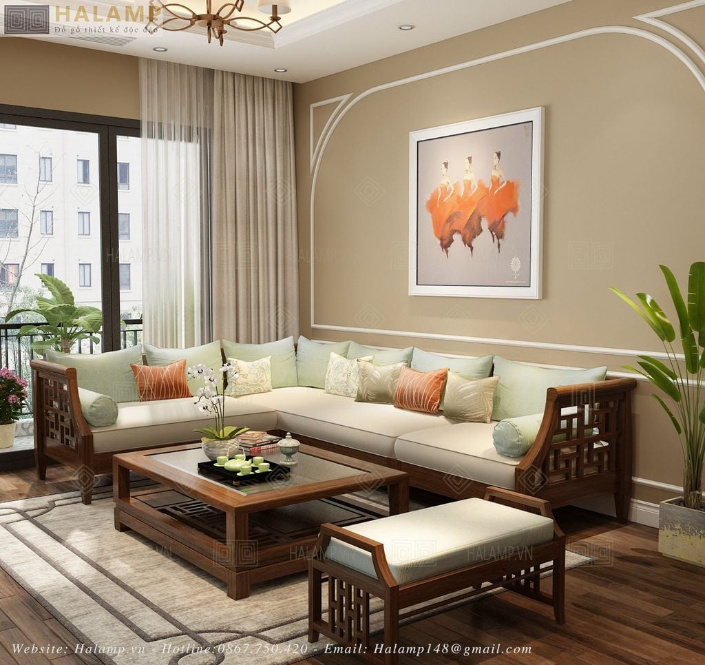 Mẫu sofa chữ L sofa góc gỗ tự nhiên gỗ Việt ghép 3 ghế