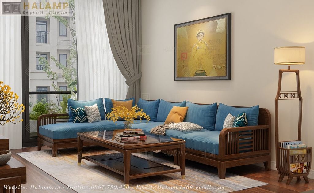Mẫu sofa chữ L sofa góc gỗ tự nhiên Việt ghép 3 ghế