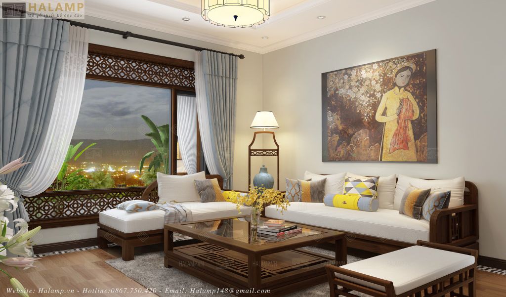 Bộ ghế sofa gỗ gụ tự nhiên trong không gian chung cư