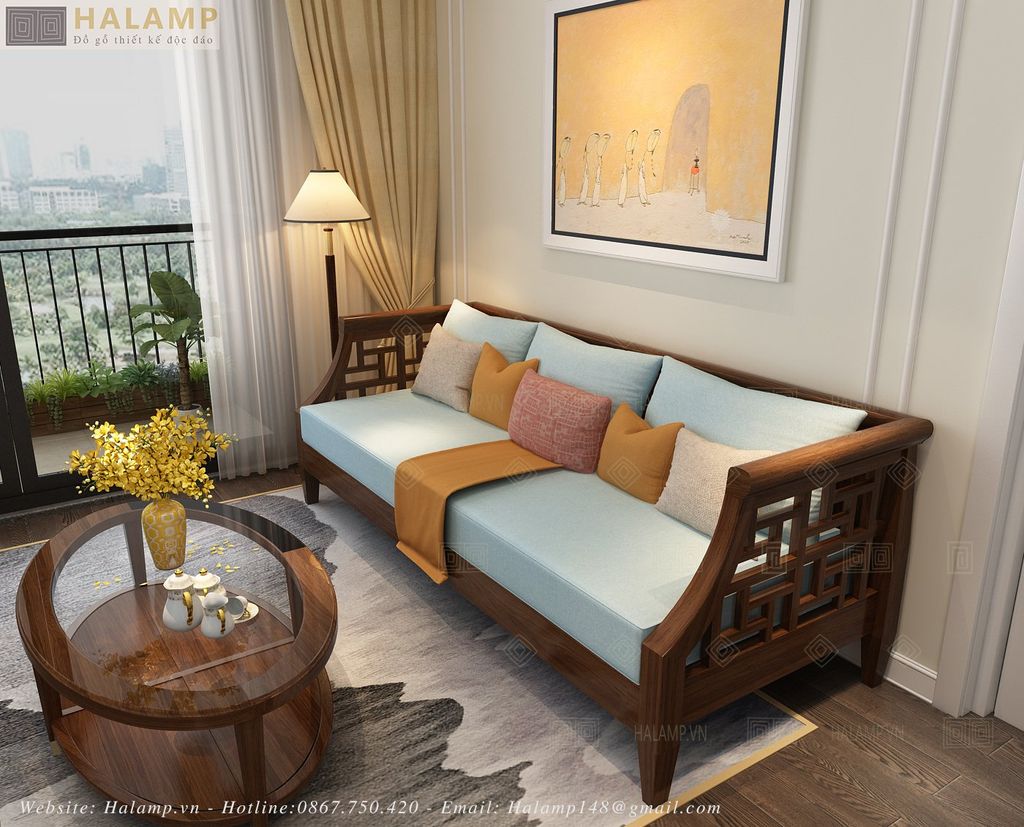 Mẫu sofa văng ghế dài gỗ tự nhiên trong nội thất tân cổ điển