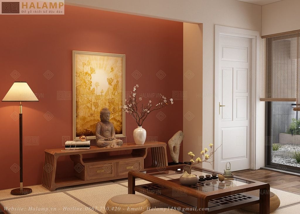Bàn trà ngồi bệt và kệ trang trí đặt tượng Phật