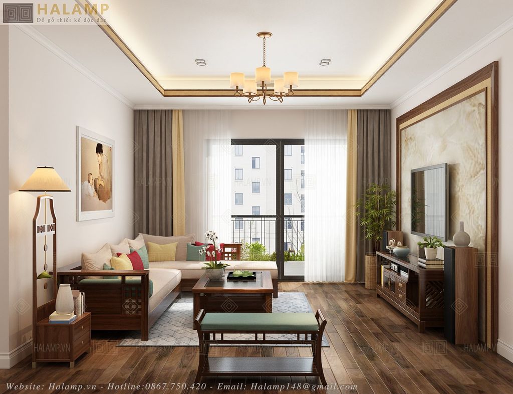 Thiết kế nội thất phòng khách với đồ gỗ grandbois mua sẵn